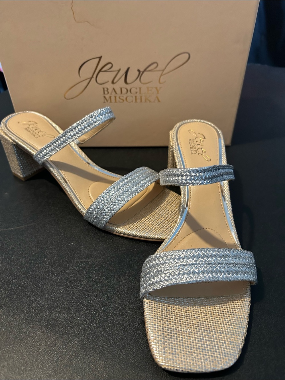 Jewel Badgley Mischka Silver Braided Double-Strap Block Heel Sandals
